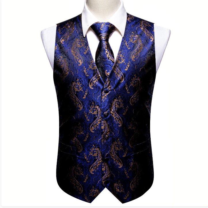 Blue Gold Paisley Silk Men's Vest Hanky Cufflinks Tie Set Waistcoat Suit Set- MJ-2569 - SimonVon Shop