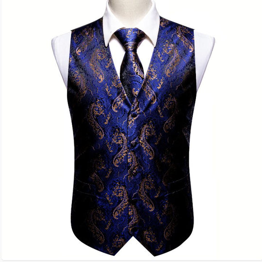 Blue Gold Paisley Silk Men's Vest Hanky Cufflinks Tie Set Waistcoat Suit Set- MJ-2569 - SimonVon Shop