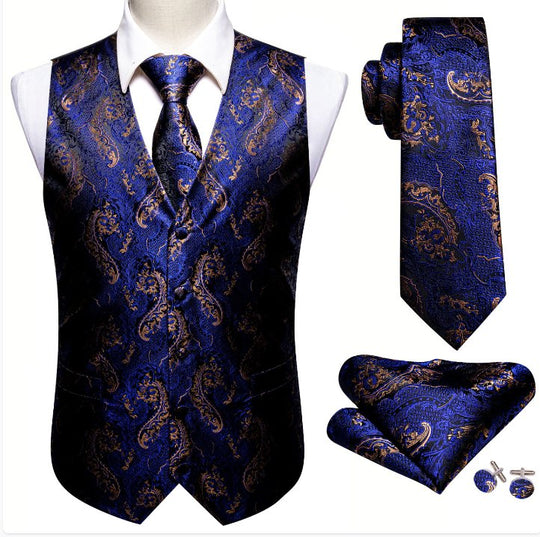 Blue Gold Paisley Silk Men's Vest Hanky Cufflinks Tie Set Waistcoat Suit Set- MJ-2569 - SimonVon Shop