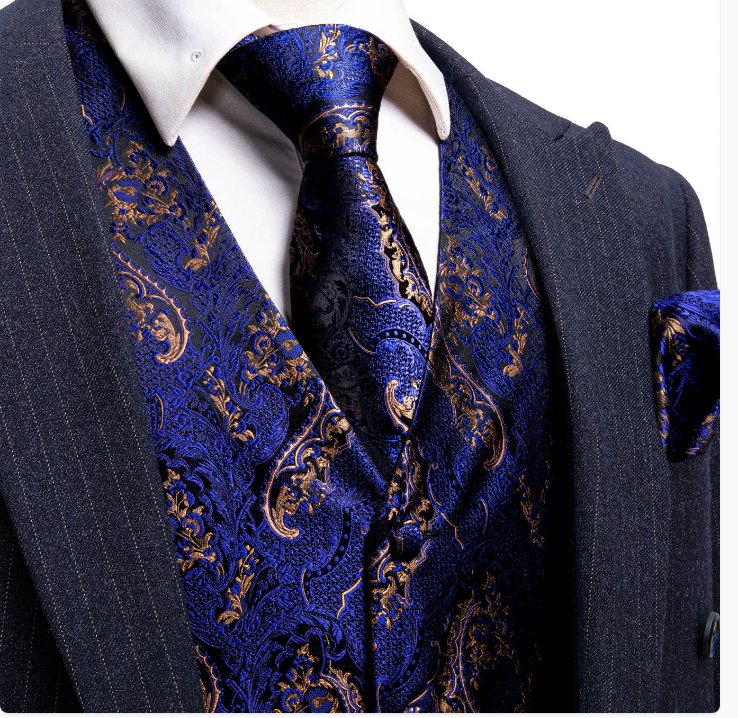 Blue Gold Paisley Silk Men's Vest Hanky Cufflinks Tie Set Waistcoat Suit Set- MJ-2569 - SimonVon Shop