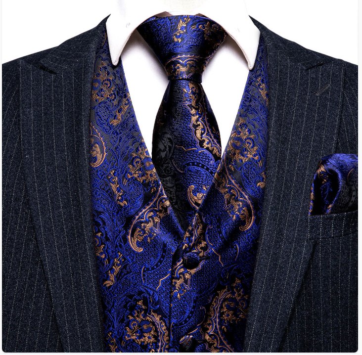 Blue Gold Paisley Silk Men's Vest Hanky Cufflinks Tie Set Waistcoat Suit Set- MJ-2569 - SimonVon Shop