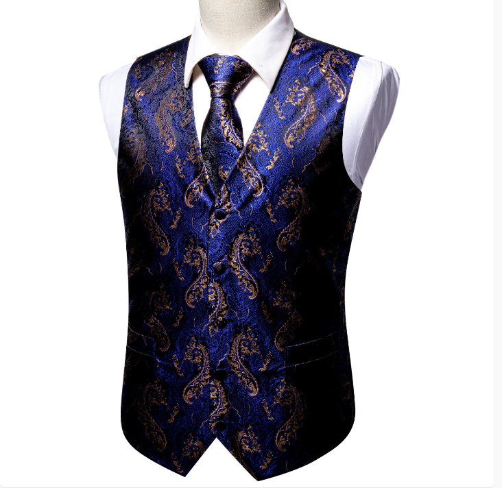 Blue Gold Paisley Silk Men's Vest Hanky Cufflinks Tie Set Waistcoat Suit Set- MJ-2569 - SimonVon Shop