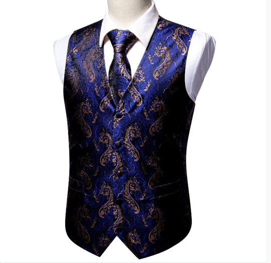Blue Gold Paisley Silk Men's Vest Hanky Cufflinks Tie Set Waistcoat Suit Set- MJ-2569 - SimonVon Shop