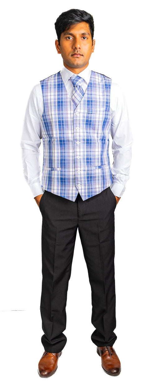 Blue Gray Plaid Mens Waistcoat Wool Blend Tailored Collar/V-neck 3 Pocket Check Vest MJ-2325 - SimonVon Shop