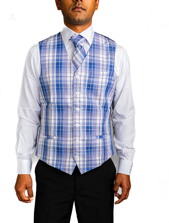 Blue Gray Plaid Mens Waistcoat Wool Blend Tailored Collar/V-neck 3 Pocket Check Vest MJ-2325 - SimonVon Shop