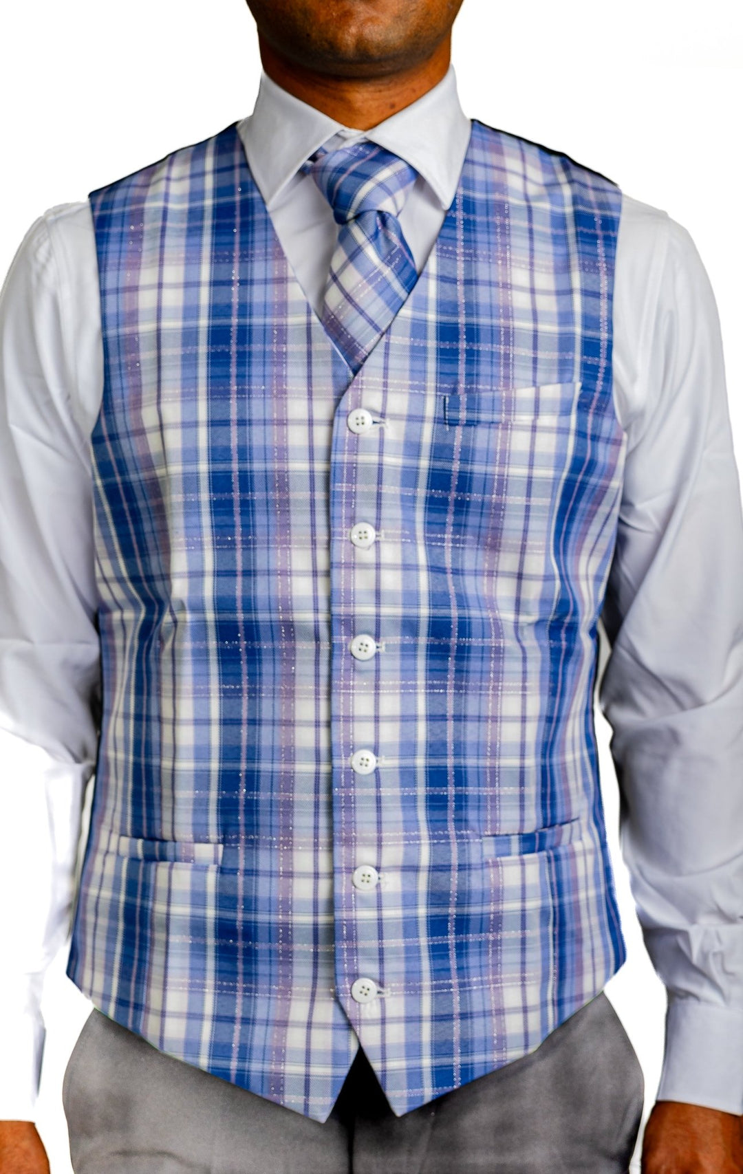 Blue Gray Plaid Mens Waistcoat Wool Blend Tailored Collar/V-neck 3 Pocket Check Vest MJ-2325 - SimonVon Shop