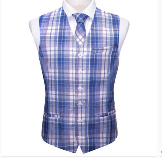 Blue Gray Plaid Mens Waistcoat Wool Blend Tailored Collar/V-neck 3 Pocket Check Vest MJ-2325 - SimonVon Shop