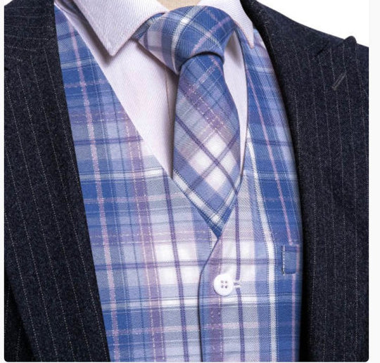 Blue Gray Plaid Mens Waistcoat Wool Blend Tailored Collar/V-neck 3 Pocket Check Vest MJ-2325 - SimonVon Shop