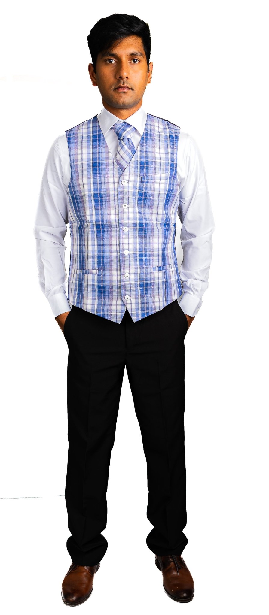 Blue Gray Plaid Mens Waistcoat Wool Blend Tailored Collar/V-neck 3 Pocket Check Vest MJ-2325 - SimonVon Shop