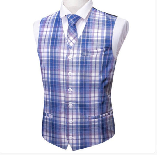 Blue Gray Plaid Mens Waistcoat Wool Blend Tailored Collar/V-neck 3 Pocket Check Vest MJ-2325 - SimonVon Shop