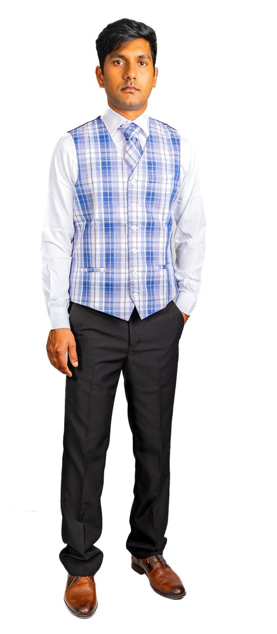 Blue Gray Plaid Mens Waistcoat Wool Blend Tailored Collar/V-neck 3 Pocket Check Vest MJ-2325 - SimonVon Shop