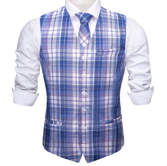Blue Gray Plaid Mens Waistcoat Wool Blend Tailored Collar/V-neck 3 Pocket Check Vest MJ-2325 - SimonVon Shop