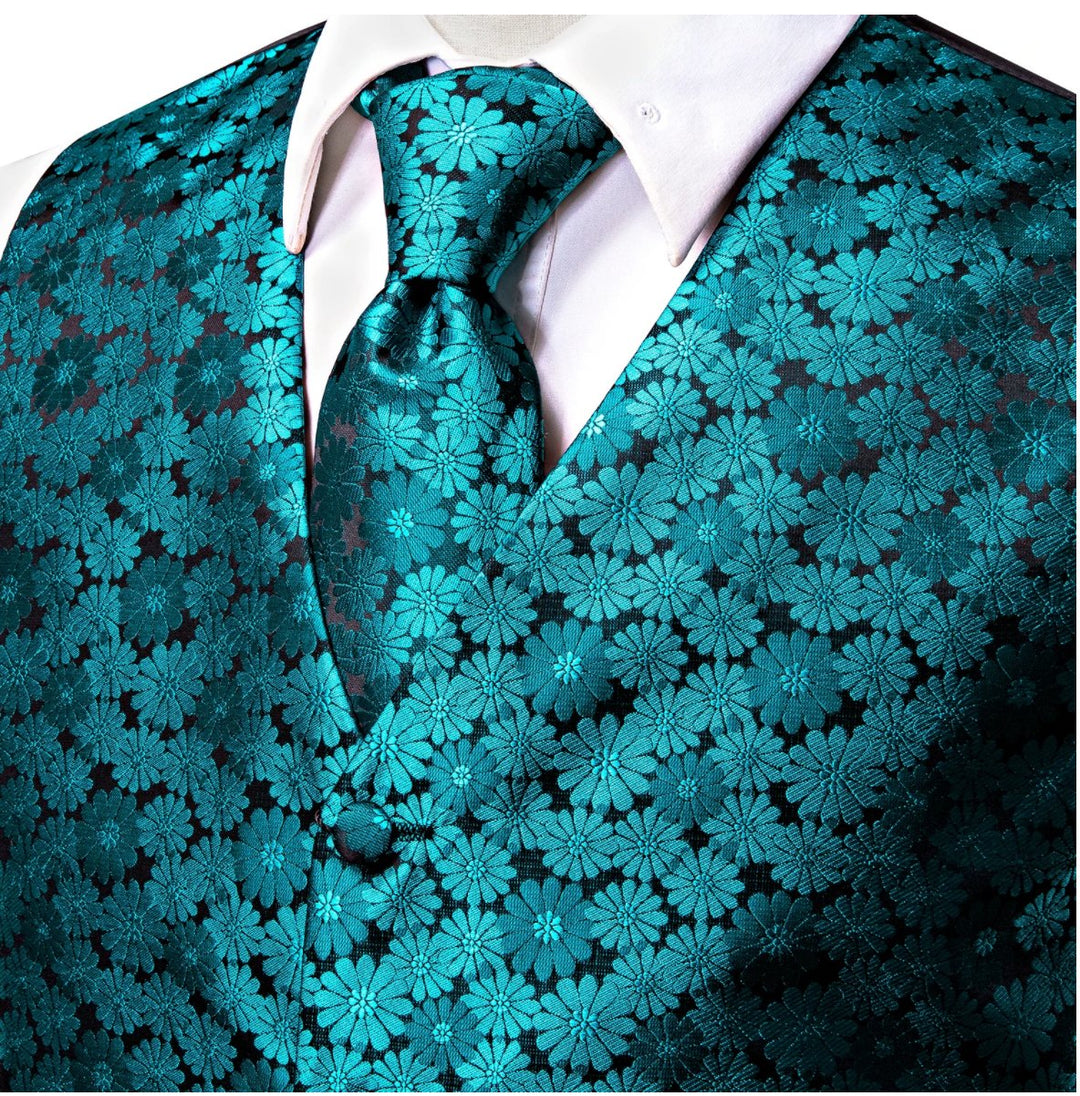 Blue Green Floral Silk Men's Vest Hanky Cufflinks Tie Set Waistcoat Set-MJ-0038 - SimonVon Shop
