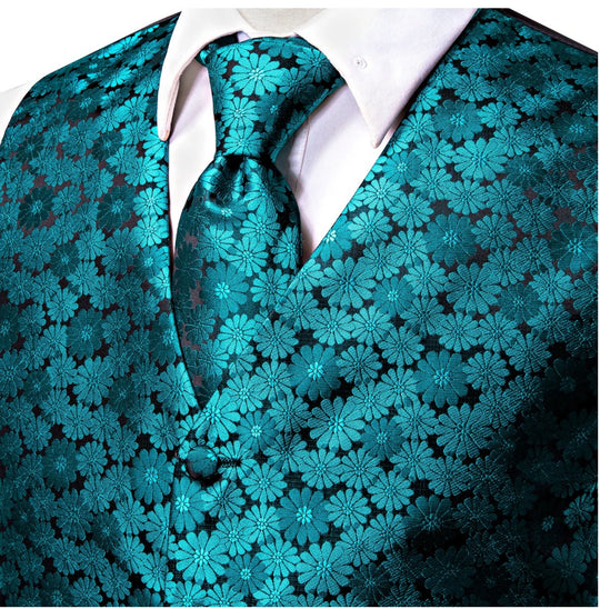 Blue Green Floral Silk Men's Vest Hanky Cufflinks Tie Set Waistcoat Set-MJ-0038 - SimonVon Shop