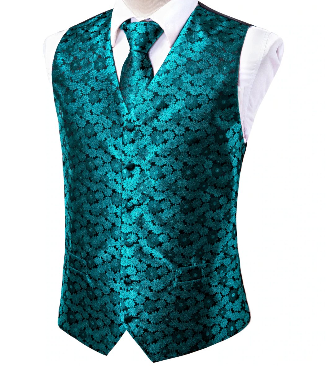 Blue Green Floral Silk Men's Vest Hanky Cufflinks Tie Set Waistcoat Set-MJ-0038 - SimonVon Shop