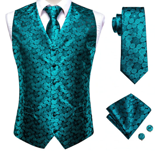 Blue Green Floral Silk Men's Vest Hanky Cufflinks Tie Set Waistcoat Set-MJ-0038 - SimonVon Shop
