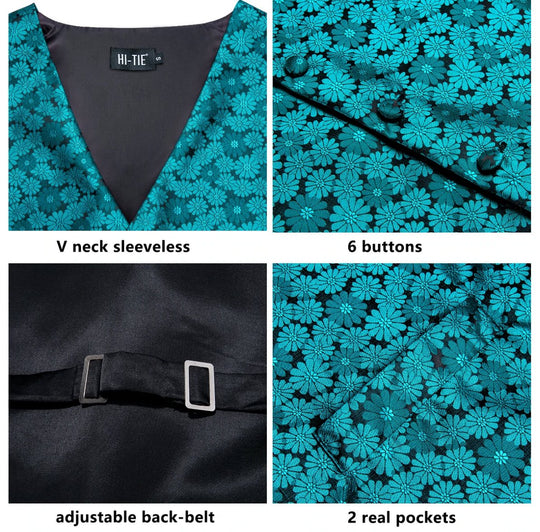 Blue Green Floral Silk Men's Vest Hanky Cufflinks Tie Set Waistcoat Set-MJ-0038 - SimonVon Shop