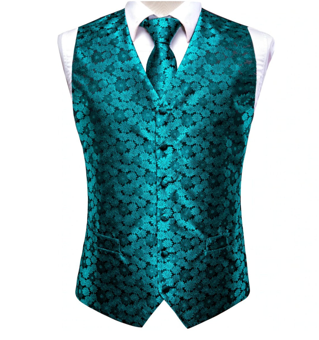 Blue Green Floral Silk Men's Vest Hanky Cufflinks Tie Set Waistcoat Set-MJ-0038 - SimonVon Shop