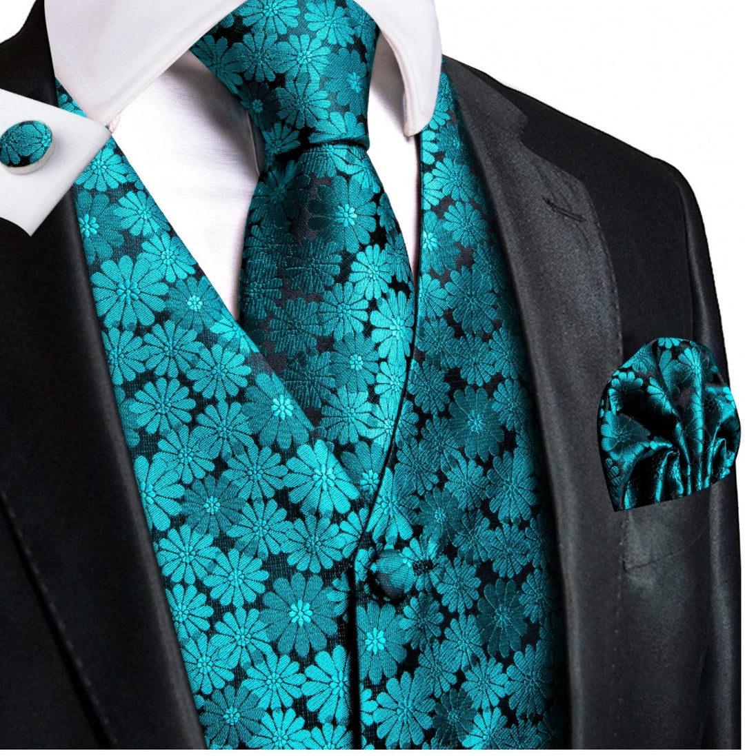 Blue Green Floral Silk Men's Vest Hanky Cufflinks Tie Set Waistcoat Set-MJ-0038 - SimonVon Shop