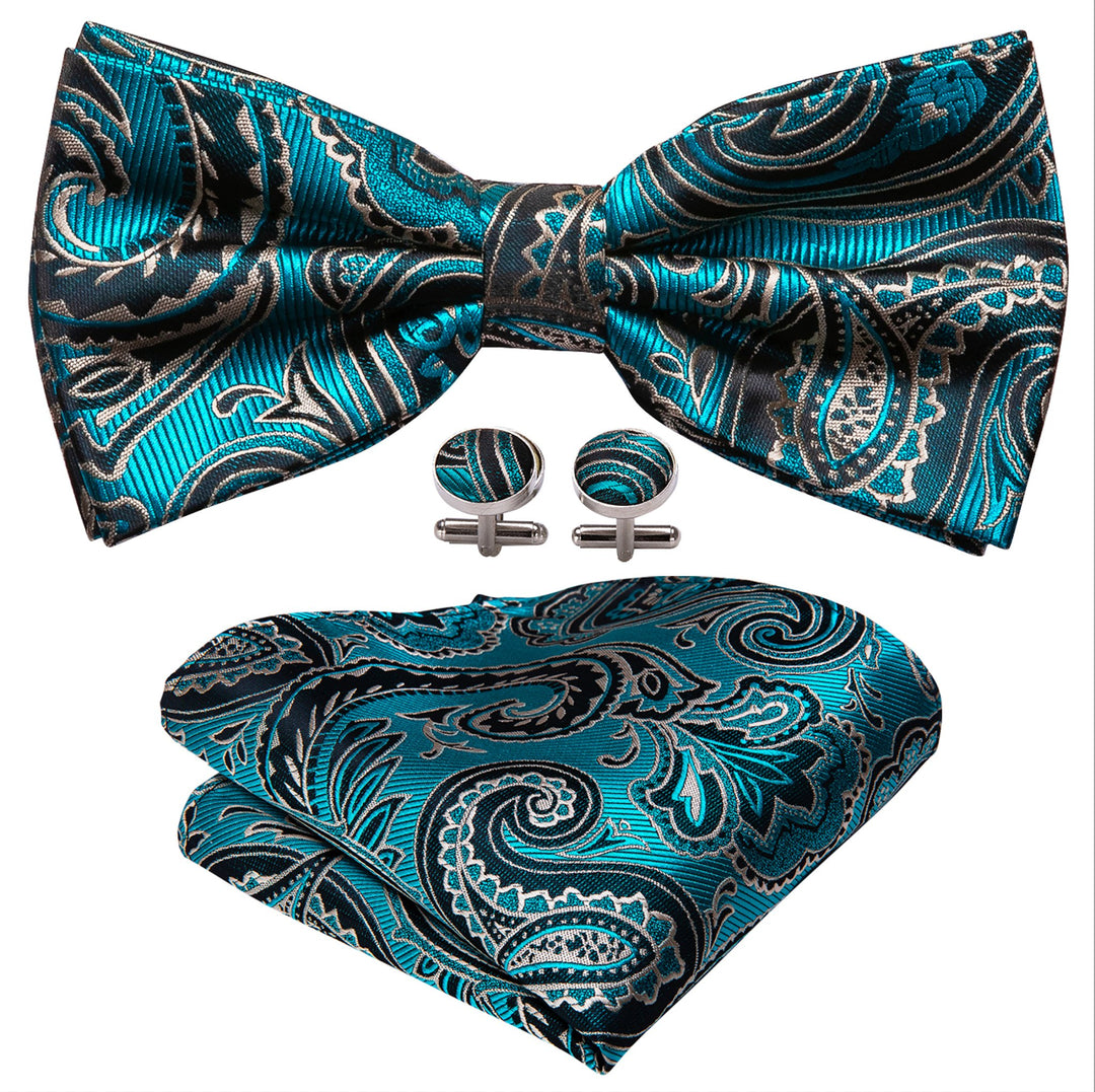 Blue Grey Paisley Bowtie Pocket Square Cufflinks Set- LH-0916 - SimonVon Shop