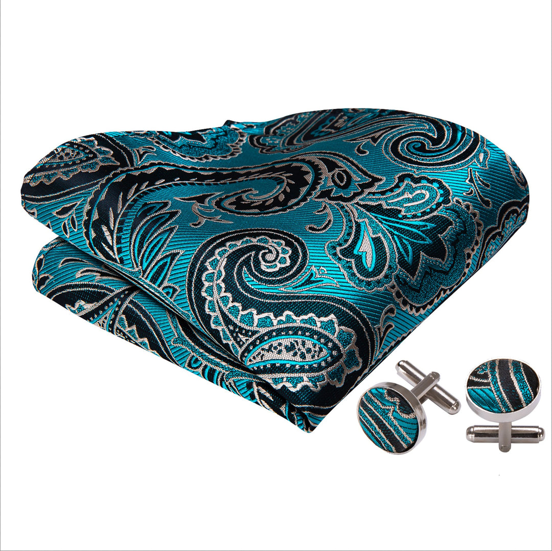 Blue Grey Paisley Bowtie Pocket Square Cufflinks Set- LH-0916 - SimonVon Shop