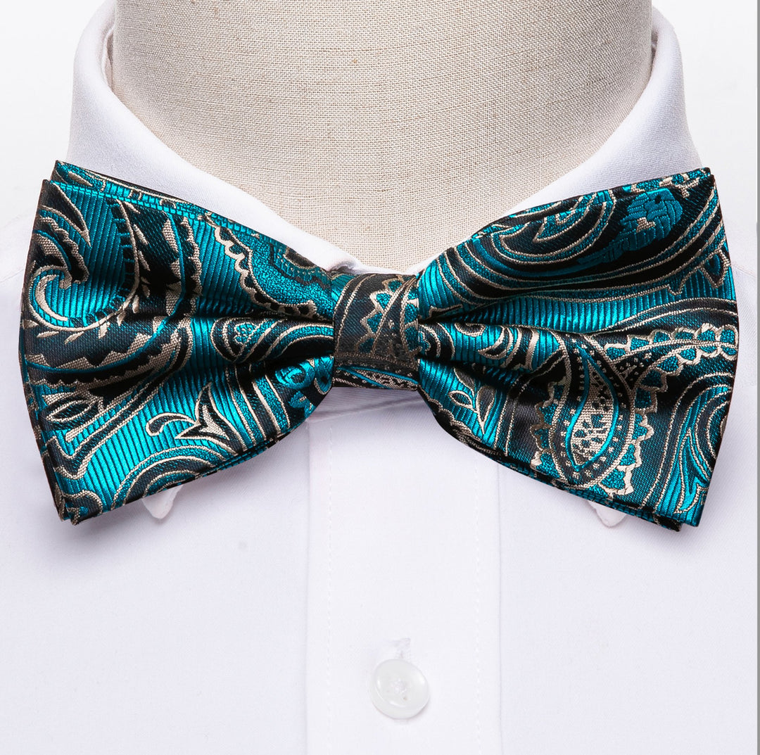 Blue Grey Paisley Bowtie Pocket Square Cufflinks Set- LH-0916 - SimonVon Shop