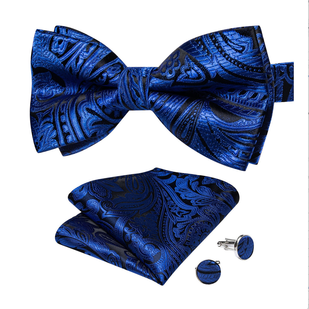 Blue Paisley Pre-tied Bow Tie Hanky Cufflinks Set- LH-0171 - SimonVon Shop