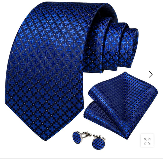 Blue Plaid Men's Tie Pocket Square Cufflinks Set- N-5461 - SimonVon Shop