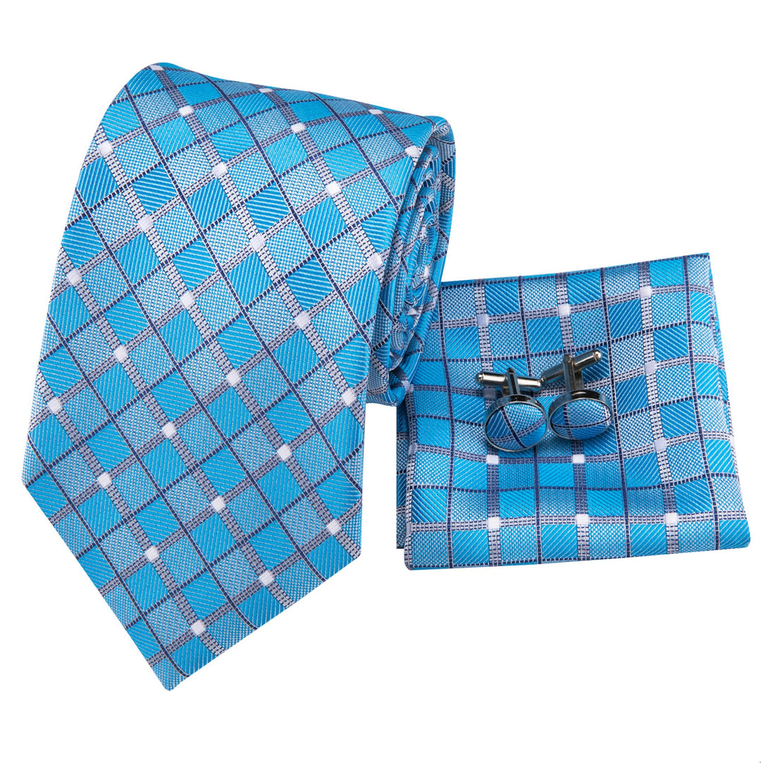 Blue Plaid Mens's Tie Pocket Square Cufflinks Set- N-3119 - SimonVon Shop
