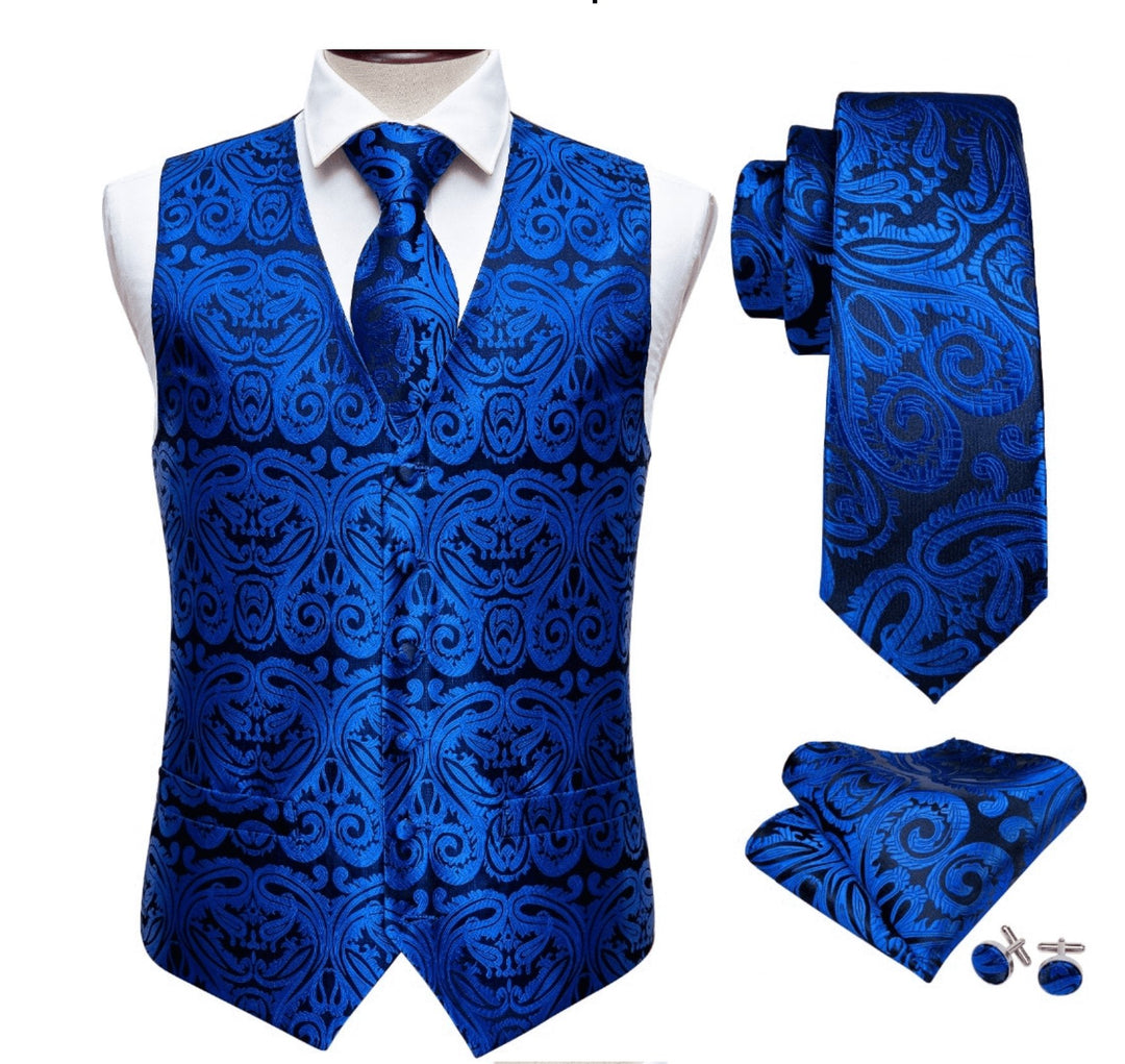 Blue Silk Waistcoat Vest Handkerchief Cufflinks Tie Set- Mj-2024 - SimonVon Shop