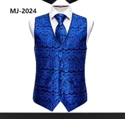 Blue Silk Waistcoat Vest Handkerchief Cufflinks Tie Set- Mj-2024 - SimonVon Shop