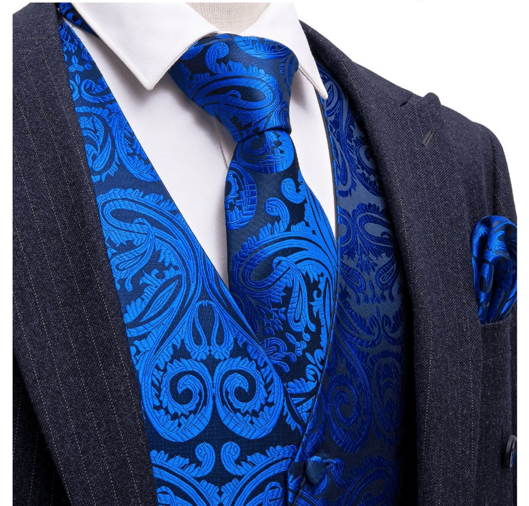Blue Silk Waistcoat Vest Handkerchief Cufflinks Tie Set- Mj-2024 - SimonVon Shop