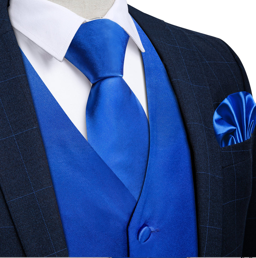 BLUE SOLID SATIN WAISTCOAT VEST TIE HANDKERCHIEF CUFFLINKS- MD-0315+N-786 - SimonVon Shop