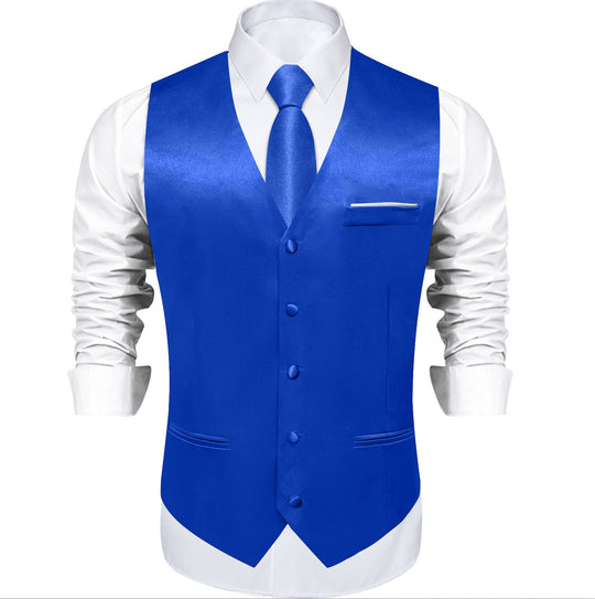 Blue Solid Satin Waistcoat Vest Tie Handkerchief Cufflinks Set- MJ-0642 - SimonVon Shop