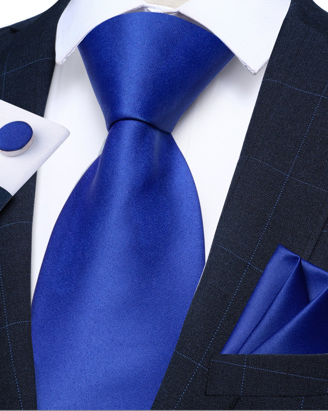 Blue Solid Tie Pocket Square Cufflinks Set- N-7820 - SimonVon Shop