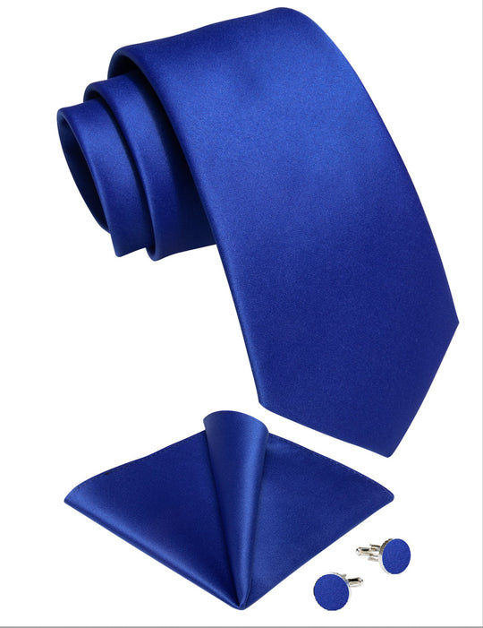 Blue Solid Tie Pocket Square Cufflinks Set- N-7820 - SimonVon Shop