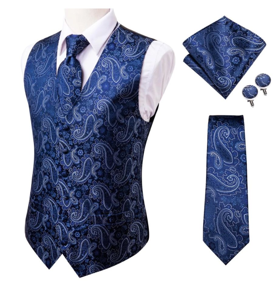 Blue White 4 PC Paisley Waistcoat and Necktie Pocket Square Cufflink Vest Set- MJ-0020 - SimonVon Shop