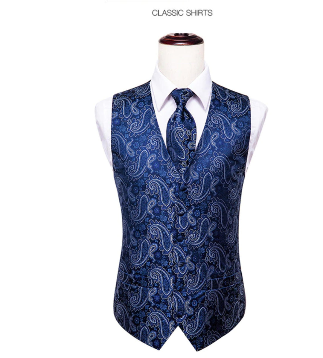 Blue White 4 PC Paisley Waistcoat and Necktie Pocket Square Cufflink Vest Set- MJ-0020 - SimonVon Shop