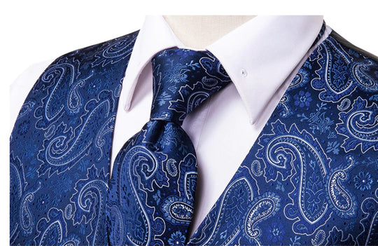 Blue White 4 PC Paisley Waistcoat and Necktie Pocket Square Cufflink Vest Set- MJ-0020 - SimonVon Shop