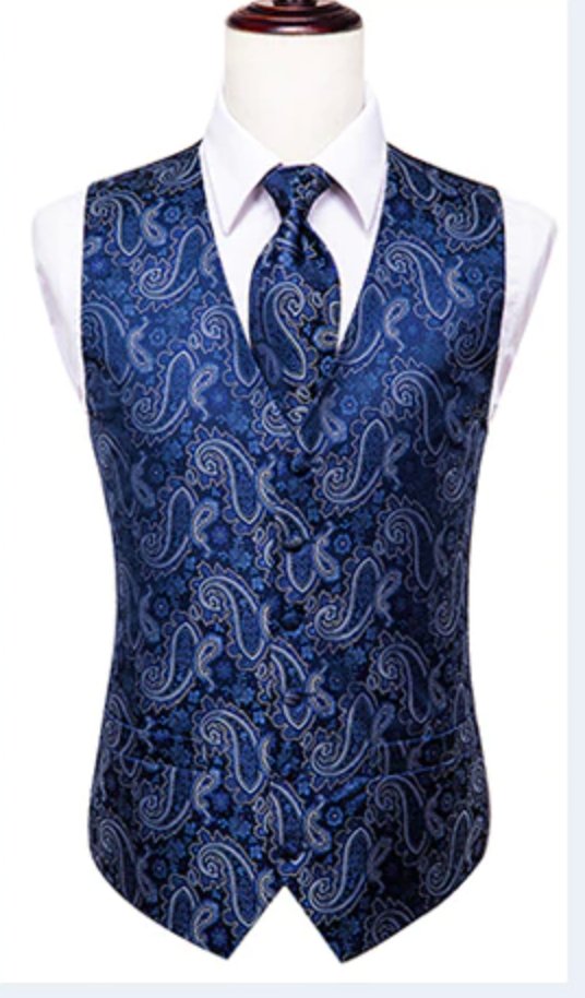 Blue White 4 PC Paisley Waistcoat and Necktie Pocket Square Cufflink Vest Set- MJ-0020 - SimonVon Shop
