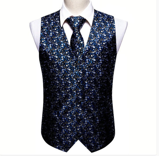 Blue White Small Flower Floral Silk V Neck Vest Tie Pocket Square Cufflinks Set-MJ-2568 - SimonVon Shop