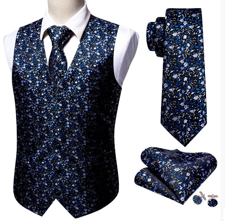 Blue White Small Flower Floral Silk V Neck Vest Tie Pocket Square Cufflinks Set-MJ-2568 - SimonVon Shop