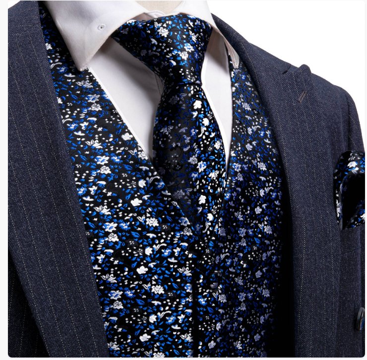 Blue White Small Flower Floral Silk V Neck Vest Tie Pocket Square Cufflinks Set-MJ-2568 - SimonVon Shop