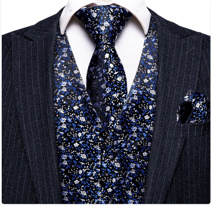 Blue White Small Flower Floral Silk V Neck Vest Tie Pocket Square Cufflinks Set-MJ-2568 - SimonVon Shop