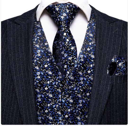 Blue White Small Flower Floral Silk V Neck Vest Tie Pocket Square Cufflinks Set-MJ-2568 - SimonVon Shop
