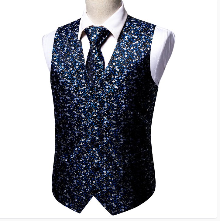 Blue White Small Flower Floral Silk V Neck Vest Tie Pocket Square Cufflinks Set-MJ-2568 - SimonVon Shop
