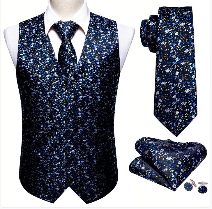 Blue White Small Flower Floral Silk V Neck Vest Tie Pocket Square Cufflinks Set-MJ-2568 - SimonVon Shop