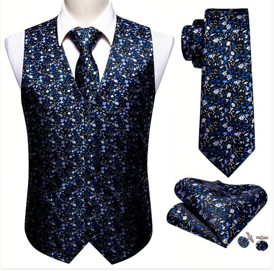 Blue White Small Flower Floral Silk V Neck Vest Tie Pocket Square Cufflinks Set-MJ-2568 - SimonVon Shop
