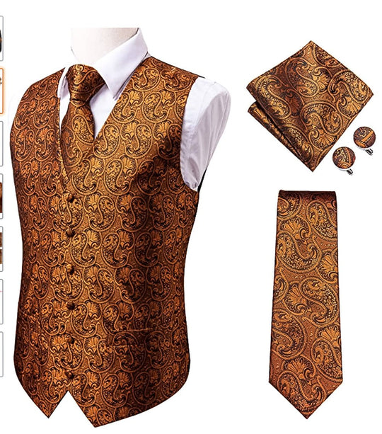 Brown and Black Paisley Waistcoat and Necktie Pocket Square Cufflink Vest Set-MJ-0019 - SimonVon Shop