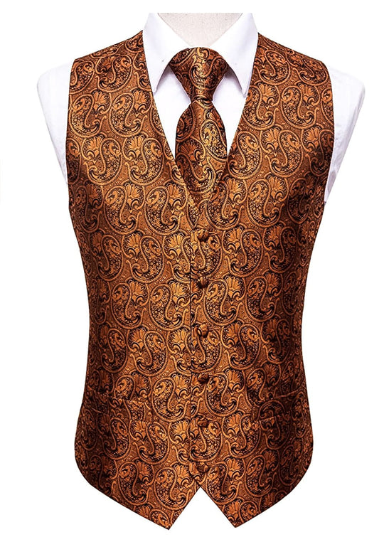 Brown and Black Paisley Waistcoat and Necktie Pocket Square Cufflink Vest Set-MJ-0019 - SimonVon Shop